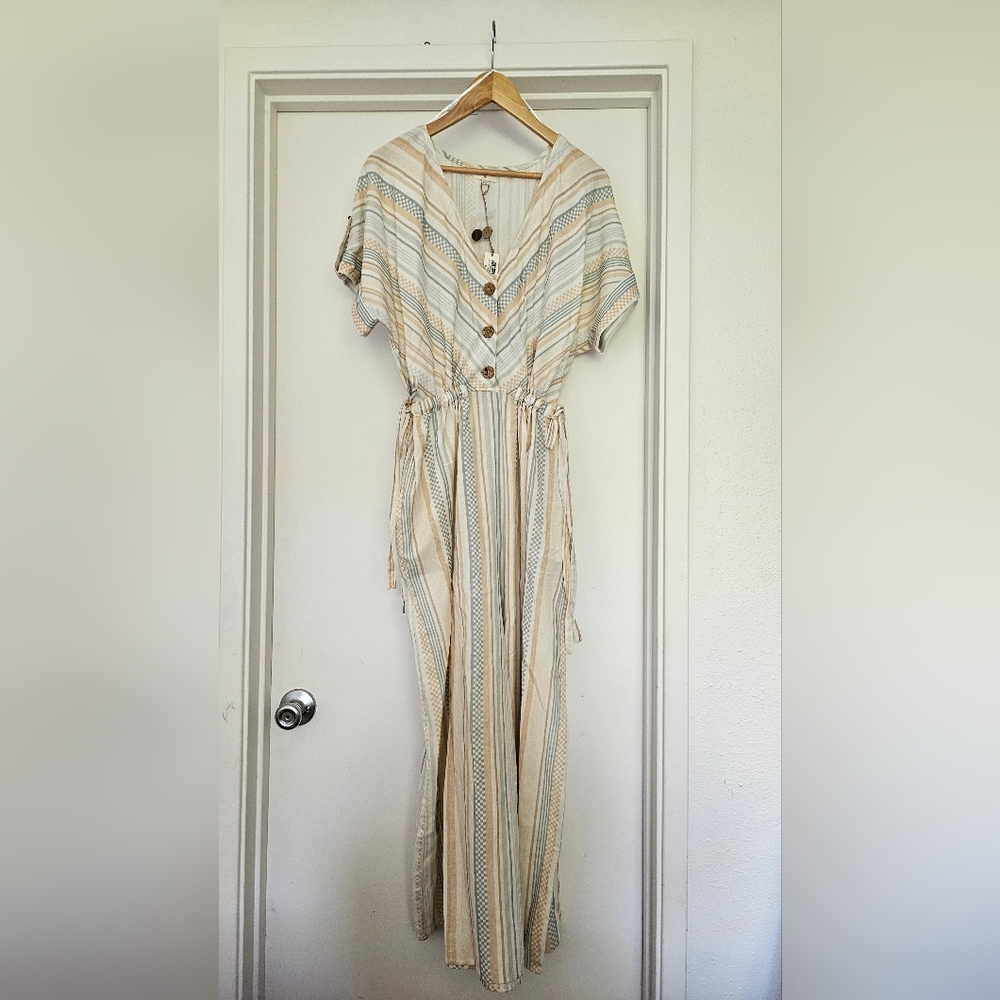 World Market Romper Striped Cream and Blue